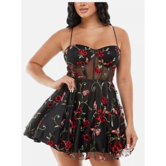 B. Darlin	Size	0 NEW Women's Black Mesh Boning Lined Floral Mini Dress - Picture 1 of 11